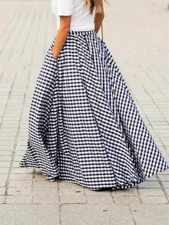 Women's Elegant Plaid Skirt, High Waist Wide Hem Flowy A-Line Skirt, Spring/Summ - Picture 3 of 4